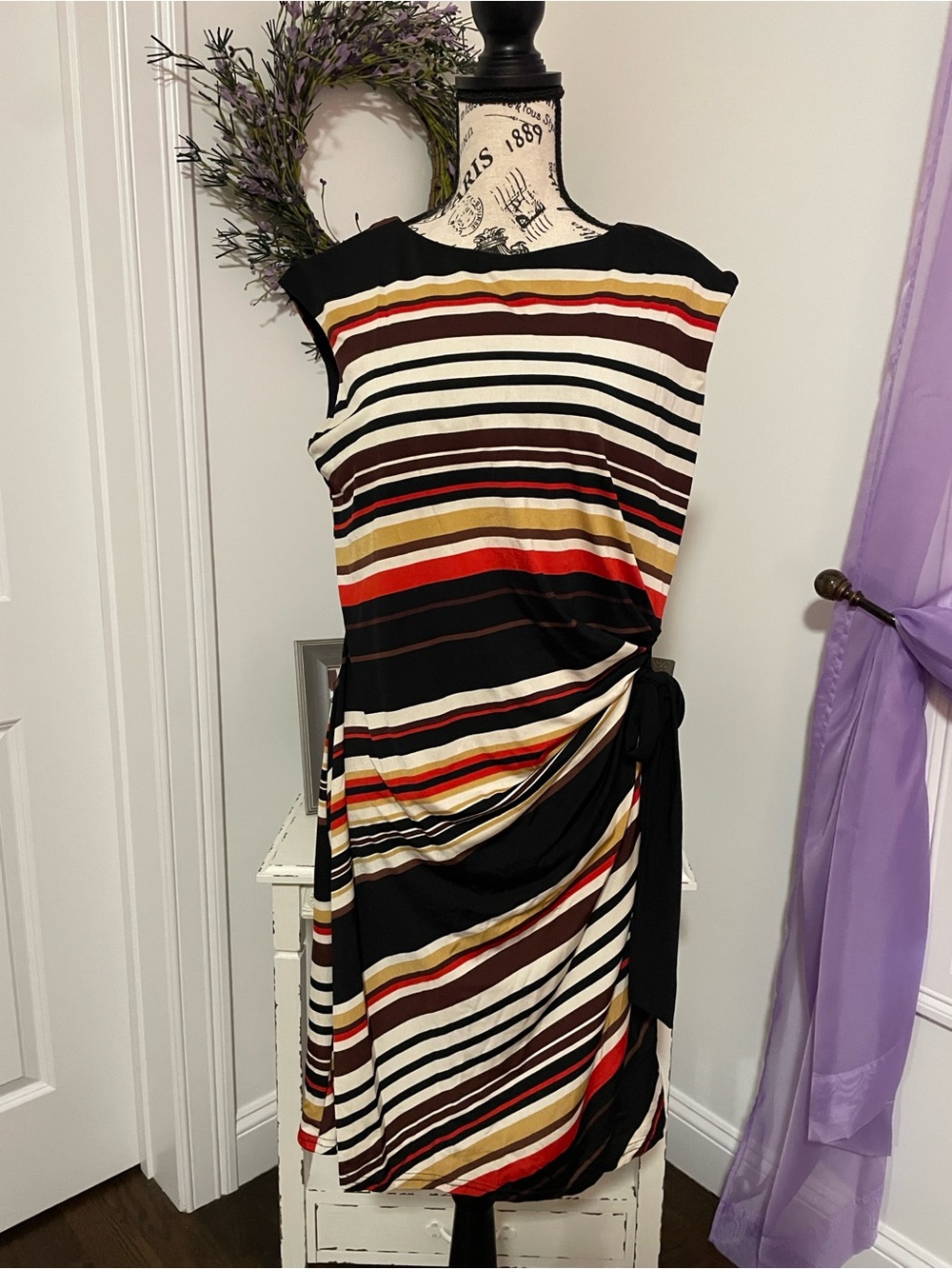 Black Multi-Stripe Midi Dress with Side Twist